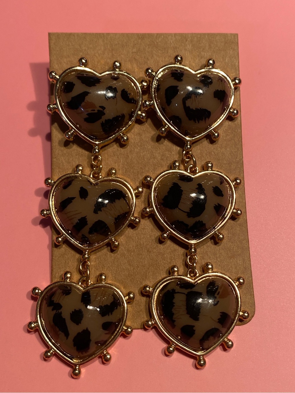 Leopard Print Heart Drop Earrings in Gold